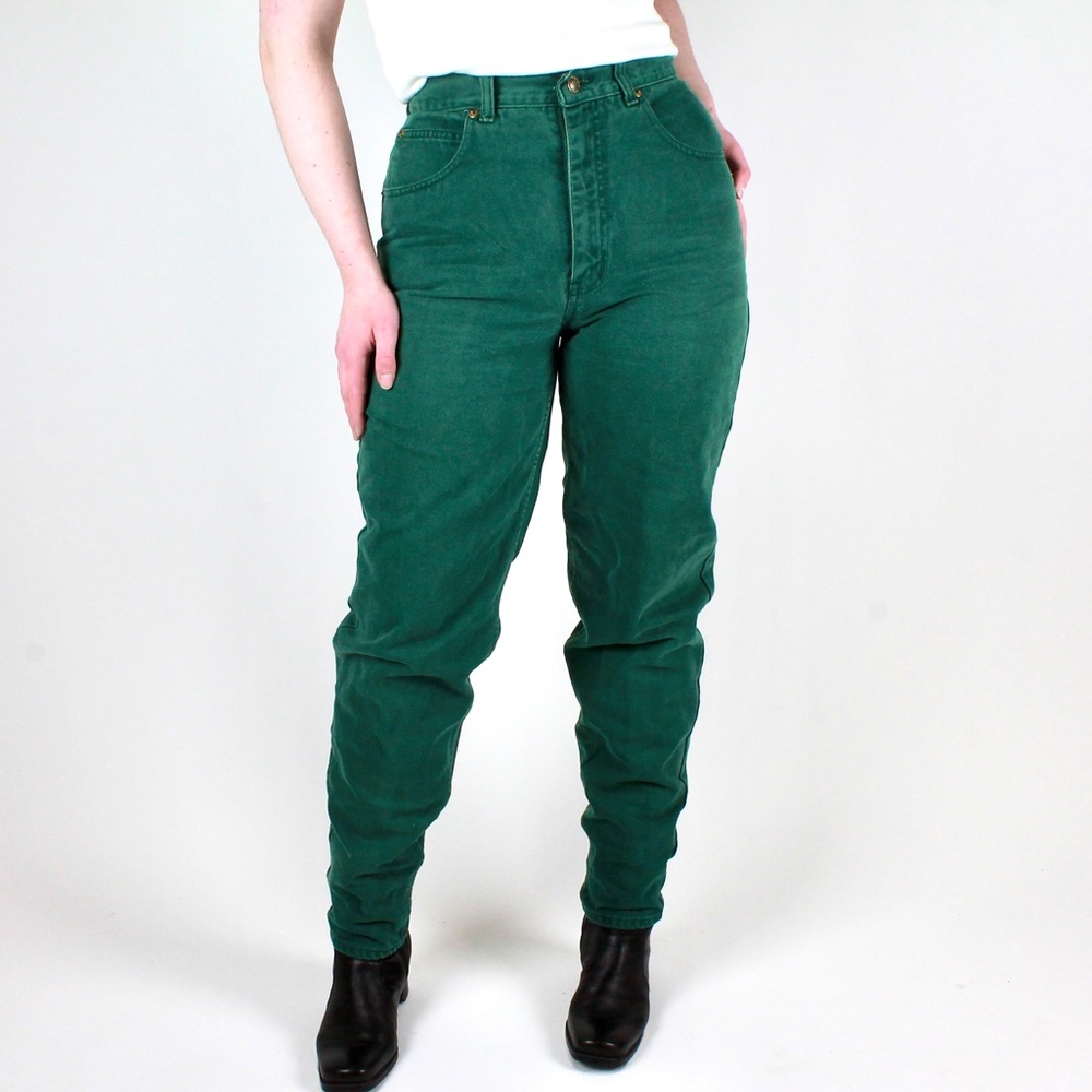 Dark Green Denim High Waisted Tapered Mom Jeans